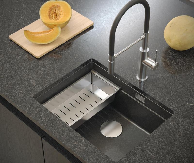 Quadri Newport II pia de granito de montagem inferior antracite 560x450mm com tampa de ralo e plugue de aço inoxidável 1208967459
