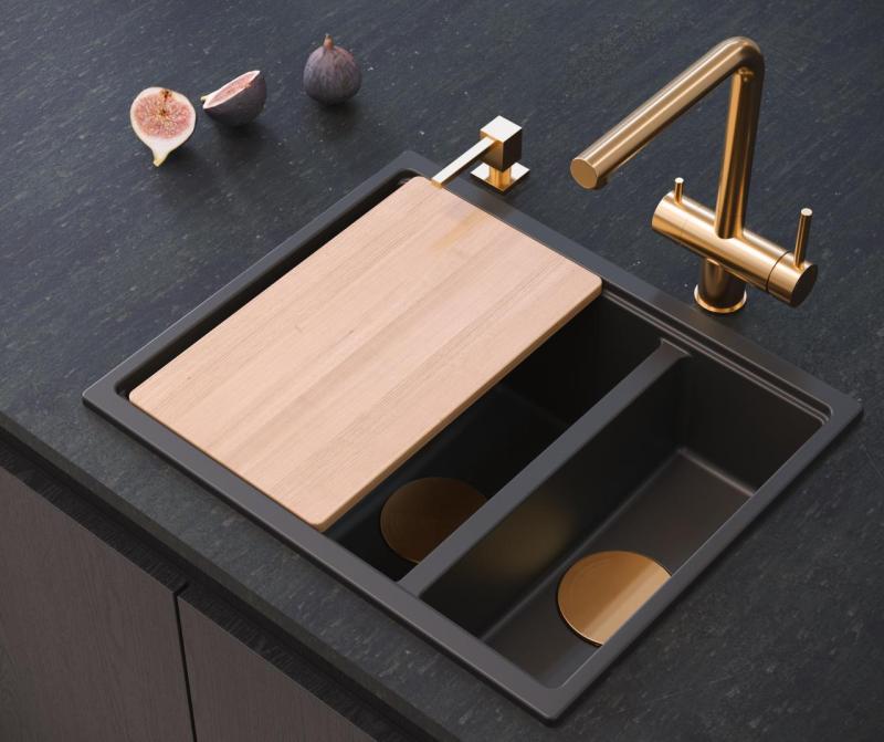 Quadri Newport II preto 1,5 cuba de granito sobrepor e embutir cuba 555x460mm com válvula de cobre 1208967465