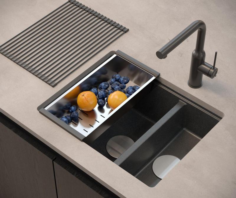 Quadri Newport II antracite 1,5 cuba de granito para montagem superior e inferior 555x460mm com plugue de aço inoxidável 1208967472