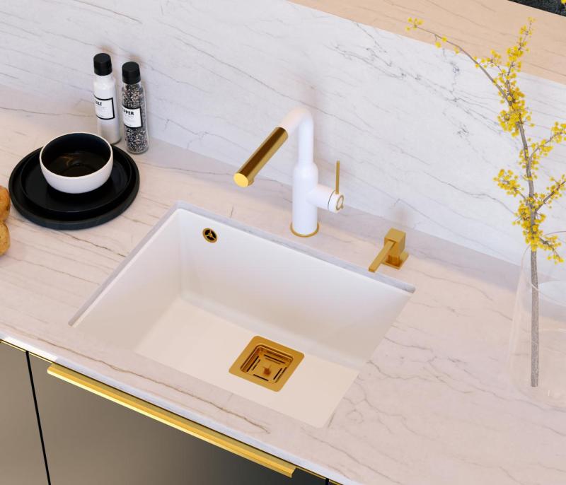 Quadri Quadrangle pia de embutir de granito branco 55x42cm com ralo de cobre 1208967478