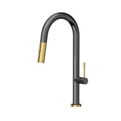 Quadri Brighton misturador de cozinha em metal grafite com acabamento dourado, bica retrátil com pulverizador 1208967499.