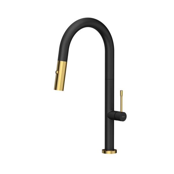 Quadri Brighton misturador de cozinha preto fosco com acabamento dourado, com bica extensível com pulverizador 1208967500