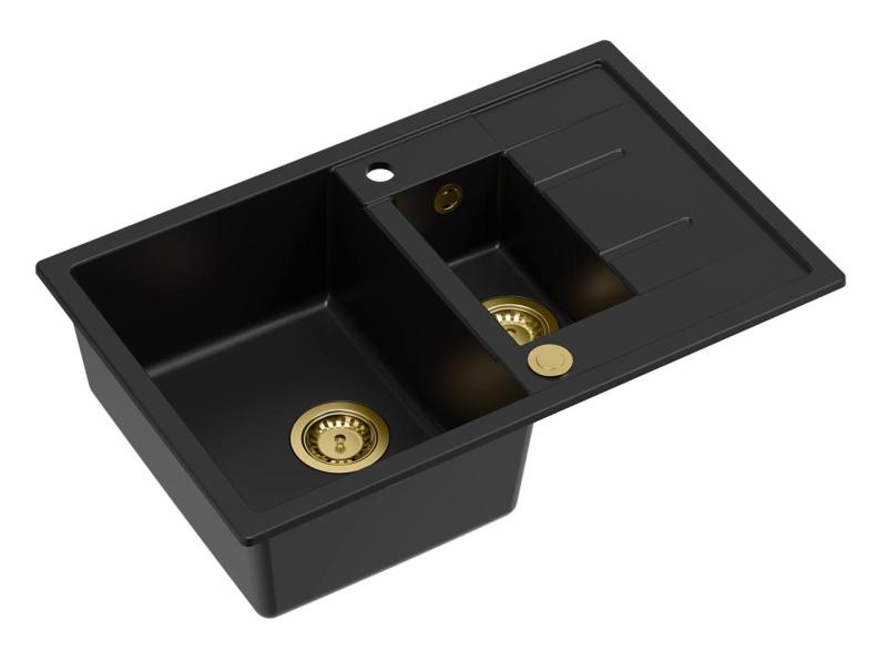 Quadri Brenton pia de granito preto de sobrepor 1,5 cubas com escorredor 78x50cm com válvula dourada 1208967554
