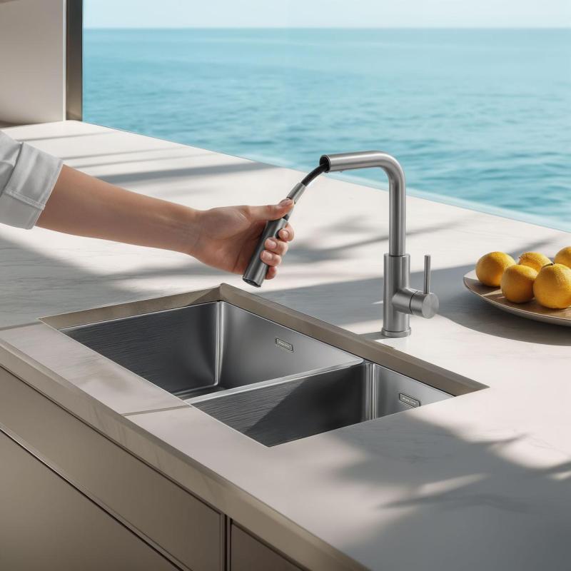 Pure.Sink Elite Steel Spark-S torneira de cozinha em Aço Inoxidável com bica extensível PS8041-02