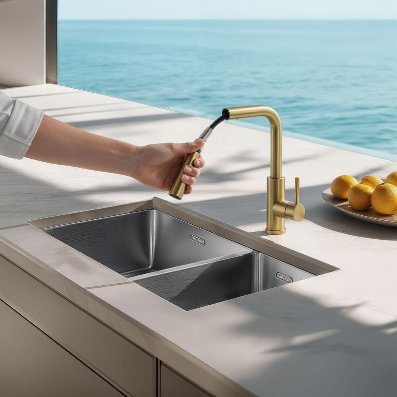 Pure.Sink Elite Steel Spark-S torneira de cozinha PVD ouro escovado com bica extensível PS8041-60