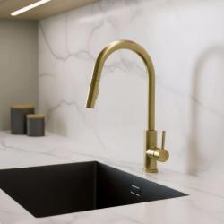 Pure.Sink Elite Steel Stream-S torneira de cozinha PVD Ouro Escovado com bica extensível PS8045-60