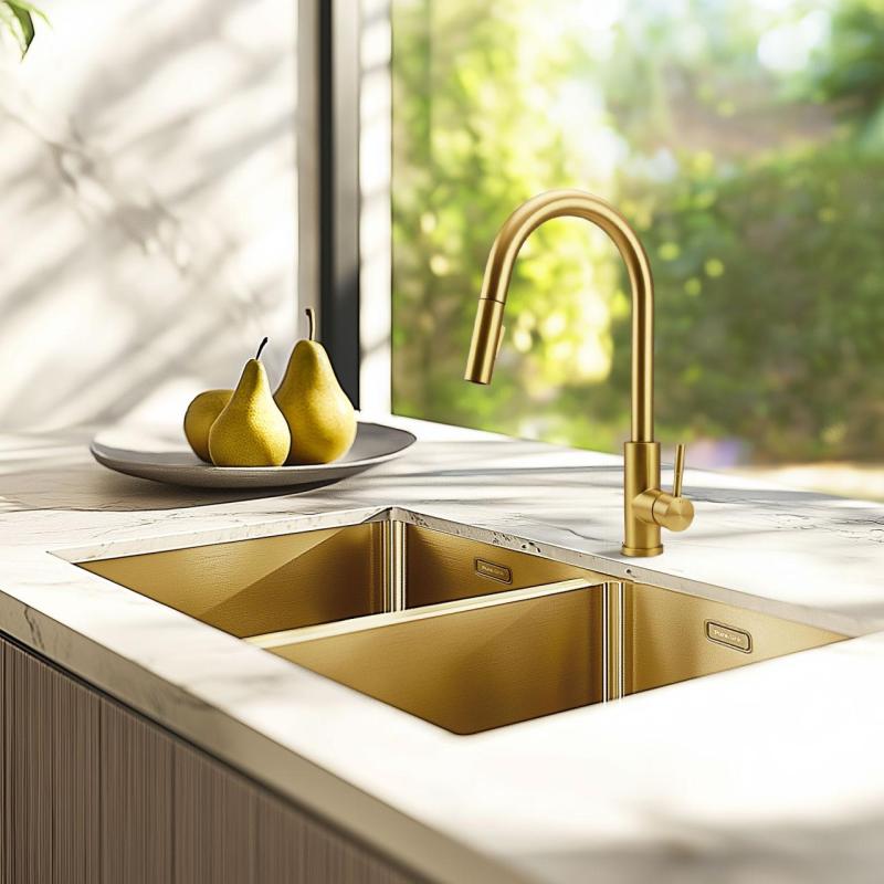 Pure.Sink Elite Steel Stream-S torneira de cozinha PVD Ouro Escovado com bica extensível PS8045-60