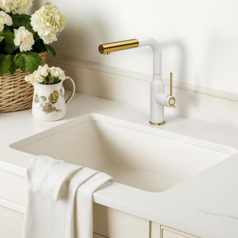 Quadri Stamford Torneira de Cozinha Branca com Acabamento Dourado PVD e Bica Removível 1208967686