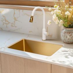 Quadri Stamford Torneira de Cozinha Branca com Acabamento em Ouro PVD com Bica Removível e Função de Pulverização 1208967690