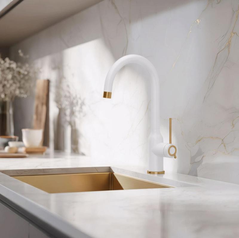 Quadri Stamford Torneira de Cozinha Branca com Acabamento em Cobre com Bica Redonda Giratória 1208967711