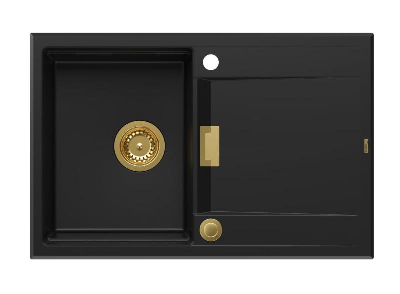 Quadri Minton Pia de Encaixe em Granito Preto 76x50cm com Escorredor Reversível e Válvula Dourada 1208967739