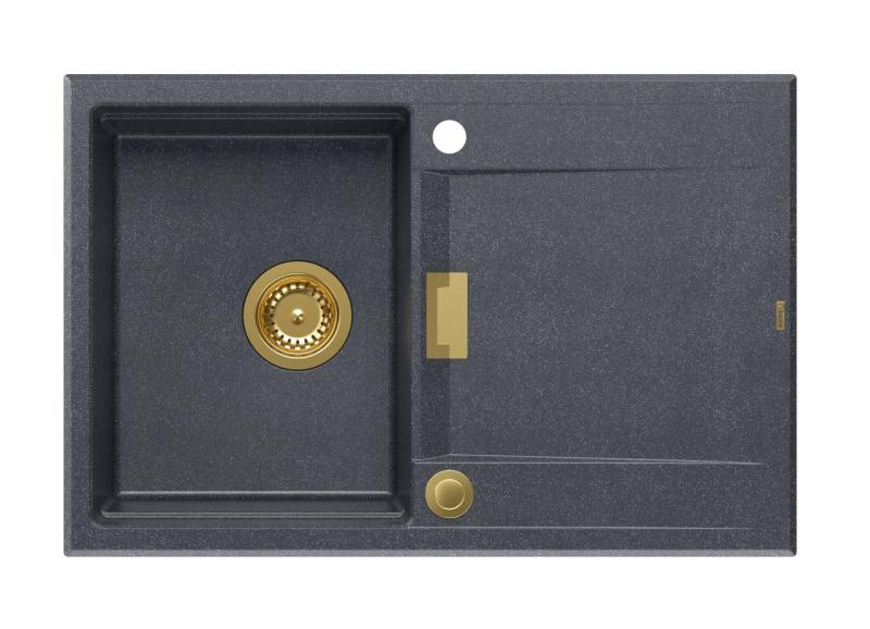Quadri Minton Pia de Embutir de Granito Antracite 76x50cm com Escorredor Reversível e Válvula Dourada - 1208967745