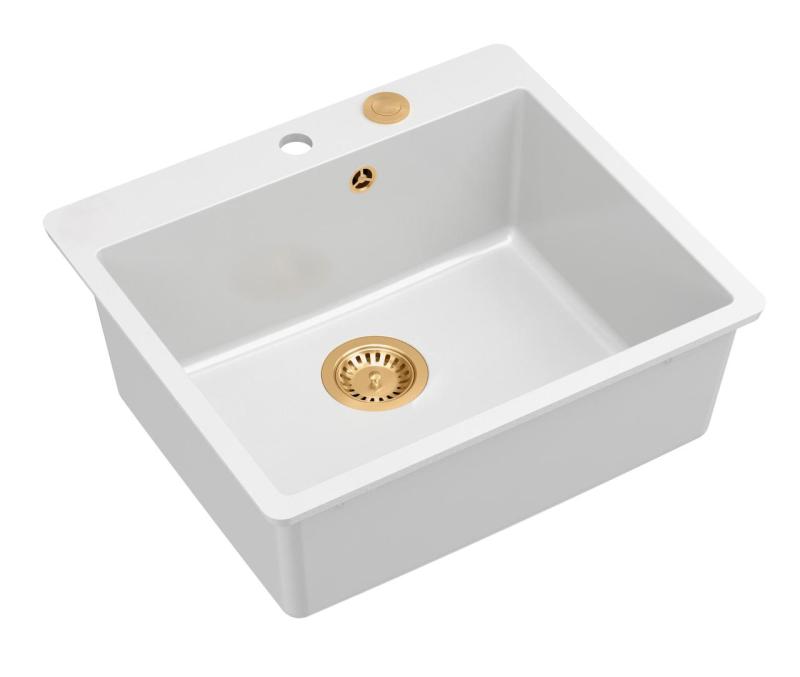 Quadri Sheffield Pia de Granito Branco Sobrepor ou Embutir 57x50 cm com Bancada para Torneira e Válvula de Cobre - 1208967818