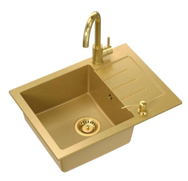 Quadri Kendal Conjunto com Torneira de Cozinha, Dispensador de Líquidos e Pia de Granito Dourada 60x44 cm com Escorredor, Tampão Dourado e Extravasamento - 1208967842