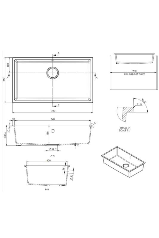 GraniteMy Universal Grande Pia de Granito Branco 74x40 cm com tampão de metal gun - 1208967895