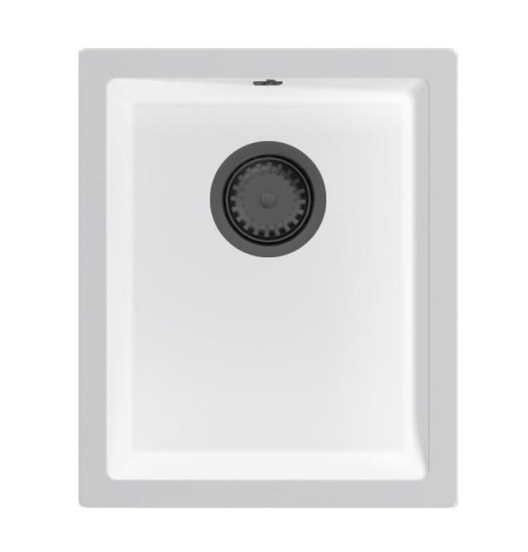 GraniteMy Universal Pia de granito branca 34x40 cm branca para montagem sobreposto, embutida e encastrada com tampão em metal cinza 1208967904