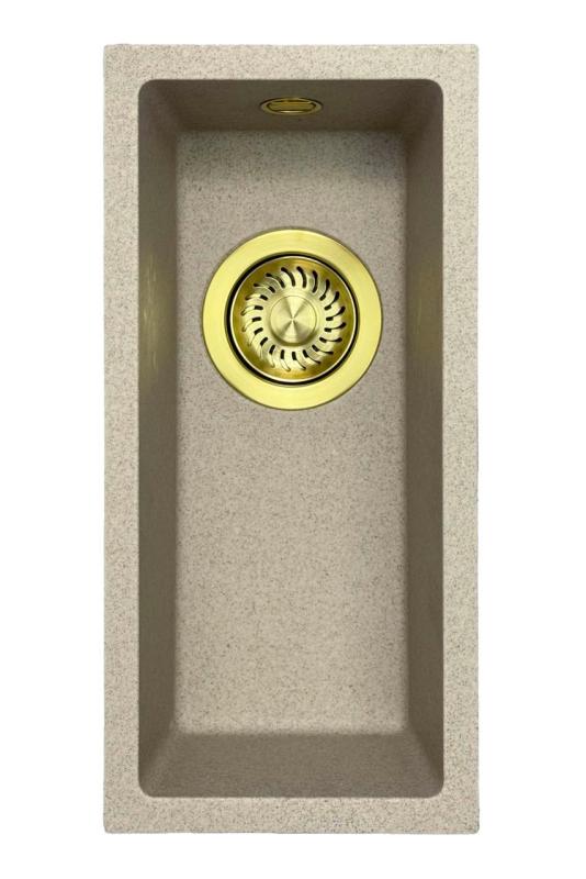 GraniteMy Universal pia de granito bege areia pequena 17x40 cm montagem de superfície, montagem inferior e montagem nivelada com ralo dourado 1208968003.
