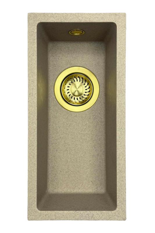 GraniteMy Universal pia de granito bege areia pequena 17x40 cm montagem de superfície, montagem inferior e montagem nivelada com ralo dourado 1208968003.