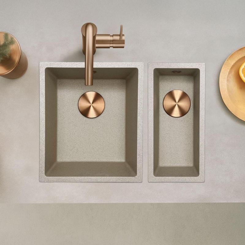 GraniteMy Universal pia de granito bege areia 34x40 cm montagem sobreposta, embutida e nivelada com plugue de cobre 1208968009