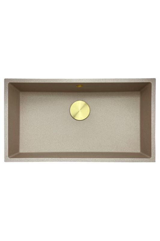 GraniteMy Universal pia de granito areia bege 74x40 cm de sobrepor, de embutir e de instalação plana com plugue dourado 1208968018