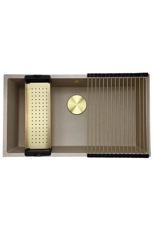 GraniteMy Universal pia de granito areia bege 74x40 cm de sobrepor, de embutir e de instalação plana com plugue dourado 1208968018