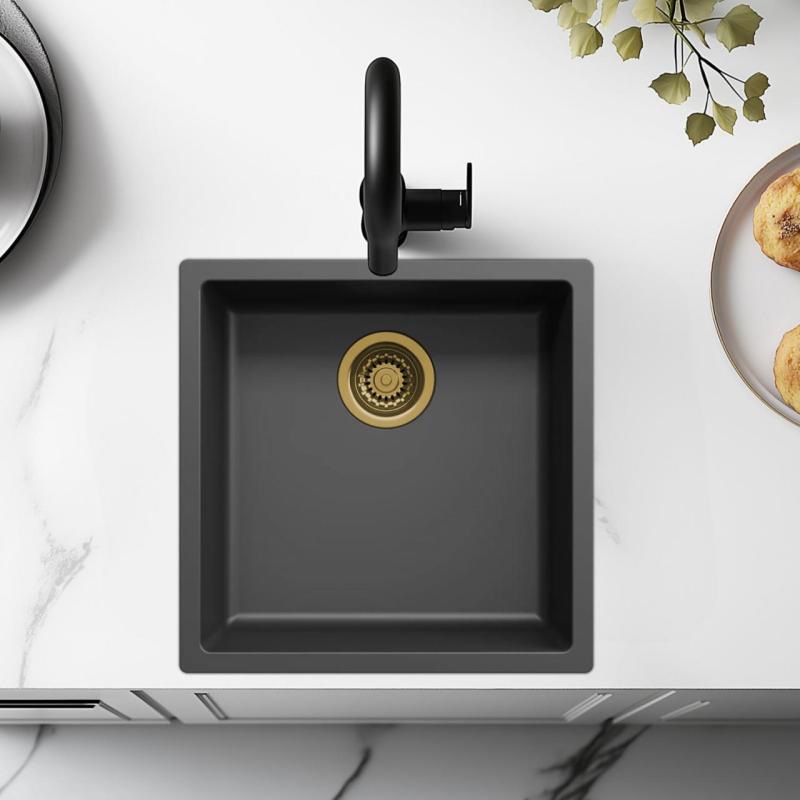 Pia preta 40x40cm embutida, sobreposta e nivelada com válvula dourada 1208968034