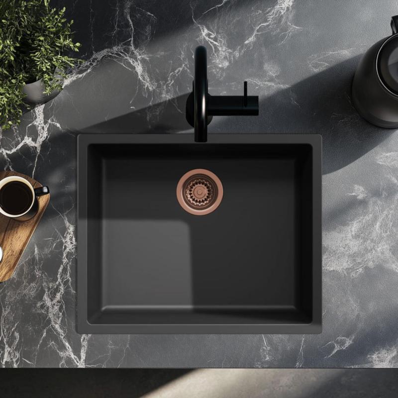 Pia preta 50x40cm de montagem inferior, montagem superior e montagem nivelada com tampão de cobre 1208968036