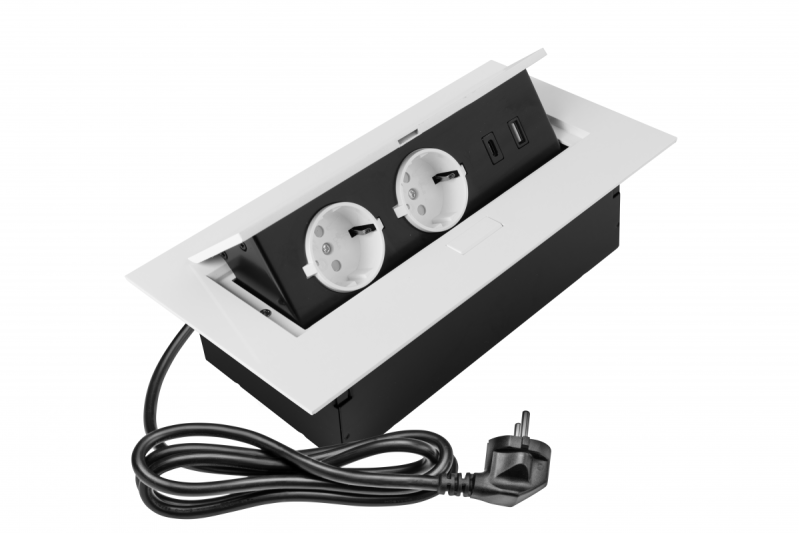 Tomada de móveis 2x tomada com aterramento, USB A+C, cabo de alimentação com plugue, branco