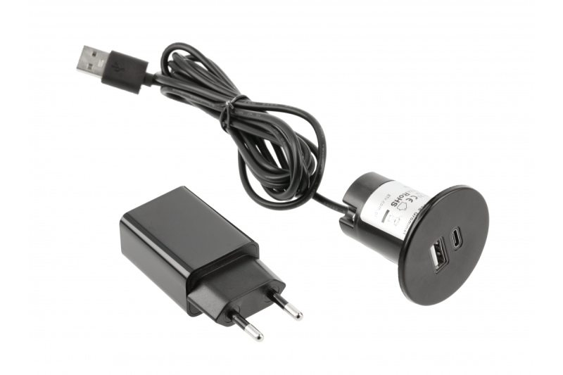 Carregador USB A+C 5V 2A com fonte de alimentação, preto