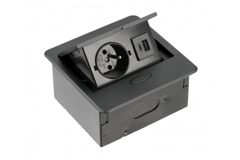 AVARO Tomada Embutida para Móveis, 1x Tomada Francesa, USB A+C, Cabo de 1,5m, Preto