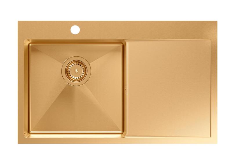 Aquadesign Clara Pia de Cobre 78x48cm Montagem de Sobrepor ou Embutir com Escorredor, Banco para Torneira e Tampão de Cobre - 1208969500