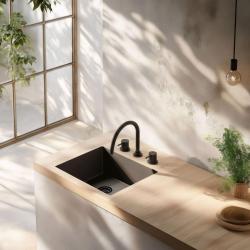 Waterevolution Flow misturador de cozinha de 3 furos com bica giratória e conexão para água filtrada preto T152UPR