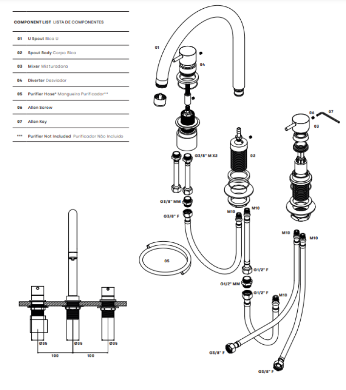 Waterevolution Flow torneira de cozinha de 3 furos com bica giratória e conexão para água filtrada cobre T152UCPE