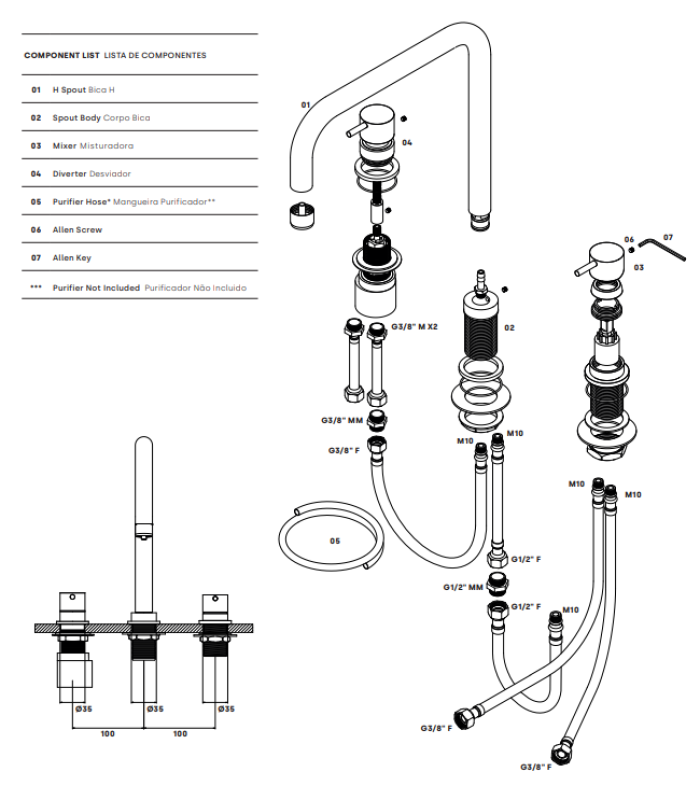 Waterevolution Flow torneira de cozinha angular de 3 furos com bica giratória e conexão para água filtrada cromo T152H01