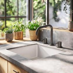 Waterevolution Flow torneira de cozinha angular de 3 furos com bica giratória e conexão para água filtrada, metal gun T152HGME