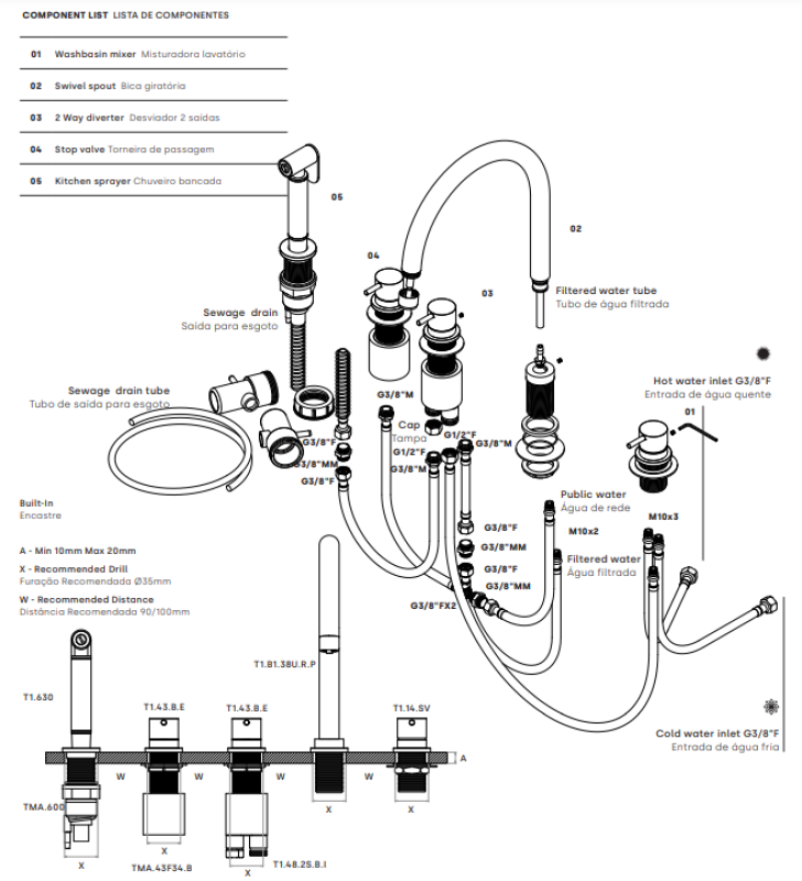 Waterevolution Flow misturador de cozinha de 5 furos com pulverizador retrátil e conexão para água filtrada, acabamento em metal escuro T154UGME