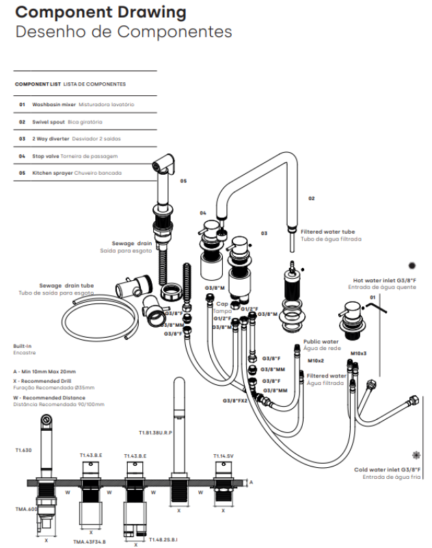 Waterevolution Flow misturador de cozinha de 5 furos em ângulo com pulverizador retrátil e conexão para água filtrada, metal arma T154HGME