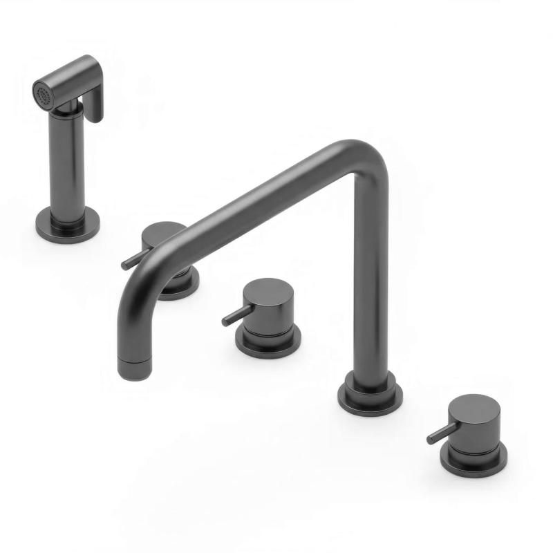 Waterevolution Flow 5-hole angled kitchen mixer tap with pull-out spray and filtered water connection gun metal T154HGME