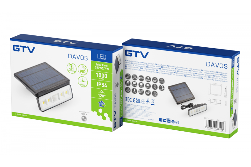 Luminária solar com sensor de movimento e crepúsculo DAVOS, LED, 1000lm, 4000K, 2000mAh, IP54, preto