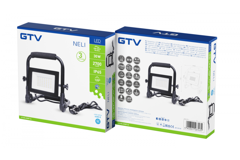 NELI Refletor Portátil, LED, 30W, 2700lm, 6400K, AC220-240V, IP65, cabo de 1,5m