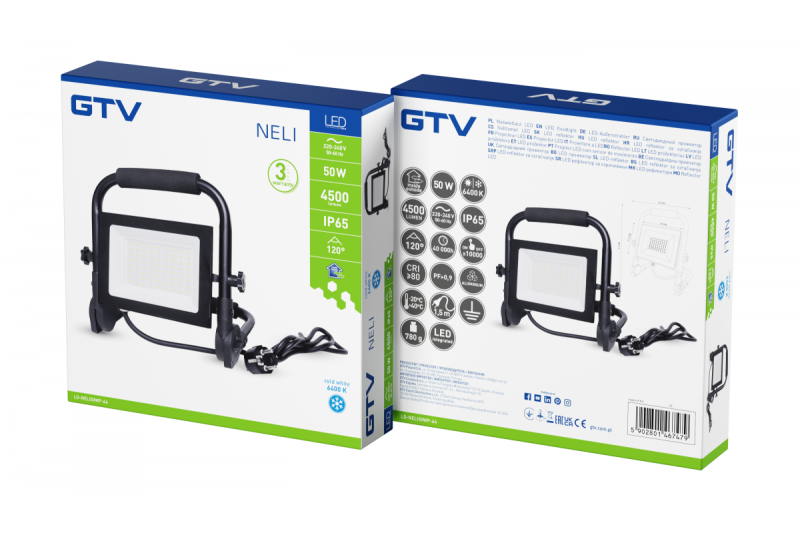 NELI Projetor Portátil, LED, 50W, 4500lm, 6400K, AC220-240V, IP65, cabo de 1,5m