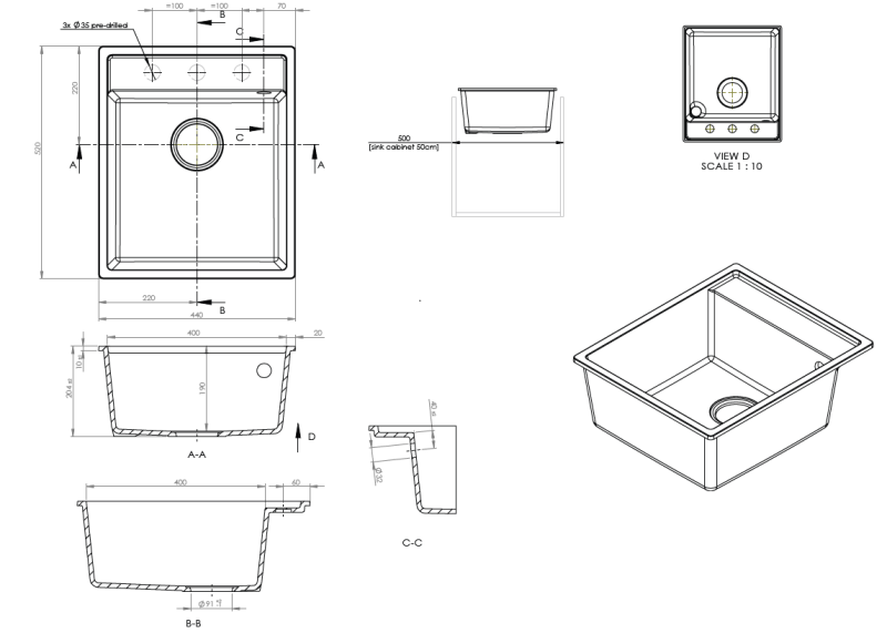 GraniteMy Bremen Pia de Granito 44x52 cm Preto – Montagem Superior, Inferior e Nivelada com Bancada para Torneira e Válvula de Inox 1208969991
