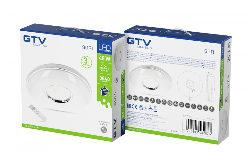 Lâmpada de teto SORI LED, Ø490mm, CCT, 48W, 3840lm, AC180-250V, 50/60 Hz, PF>0,9, IP54, controle remoto, branco, 3 anos de garantia.