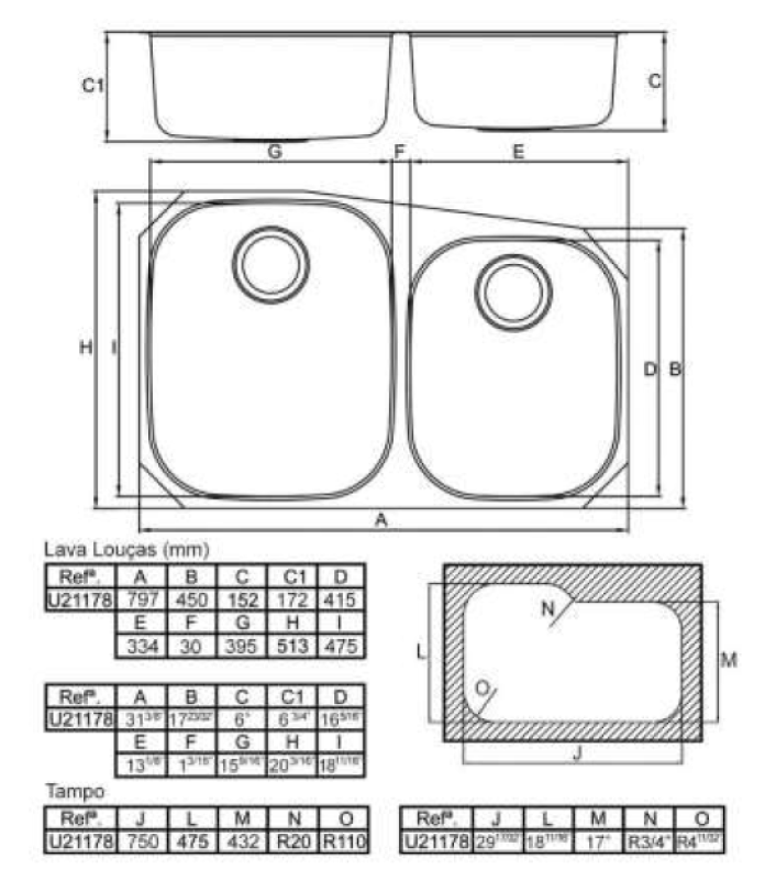 Banka Princess Pia dupla em aço inoxidável para encastrar 750x475 mm 1208970067