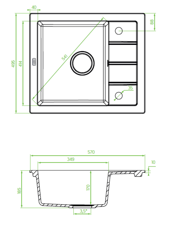 Aquadesign Somerset Pia de Granito de Sobrepor Antracite com Pequena Área de Escorrimento 570 x 495 mm 1208970084