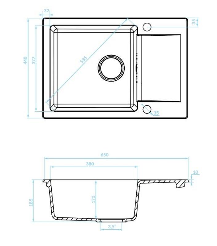 Aquadesign Kensley Pia de Sobrepor em Granito Antracite com pequena Área de Escorrimento 65 x 44 cm 1208970085