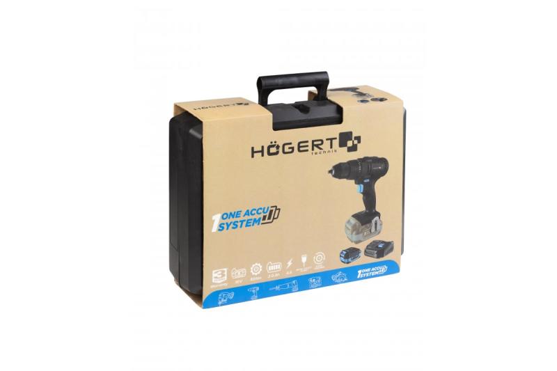 HÖGERT furadeira a bateria 18V, conjunto com bateria, carregador, suporte para bits, caixa de brocas.