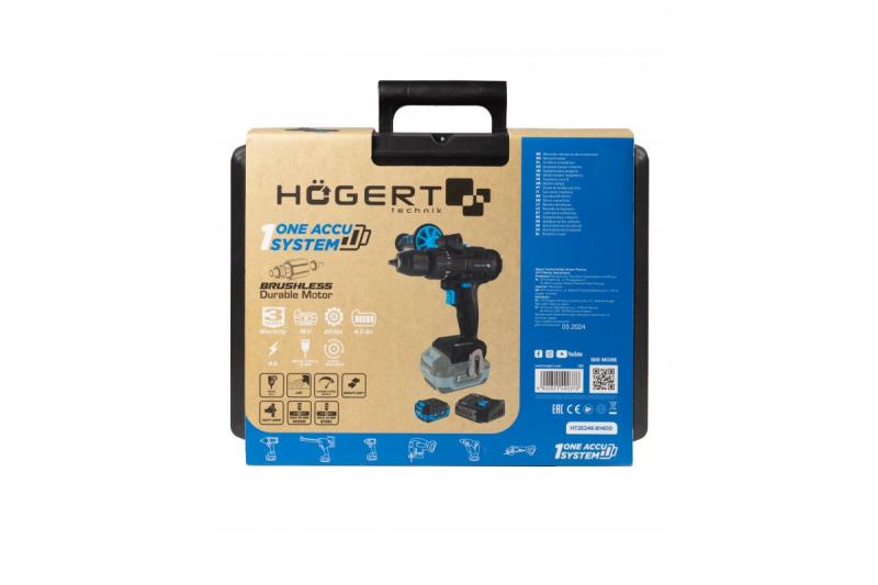 HÖGERT Brushless set de parafusadeira a bateria, 18V, com suporte para bits, carregador e bateria.
