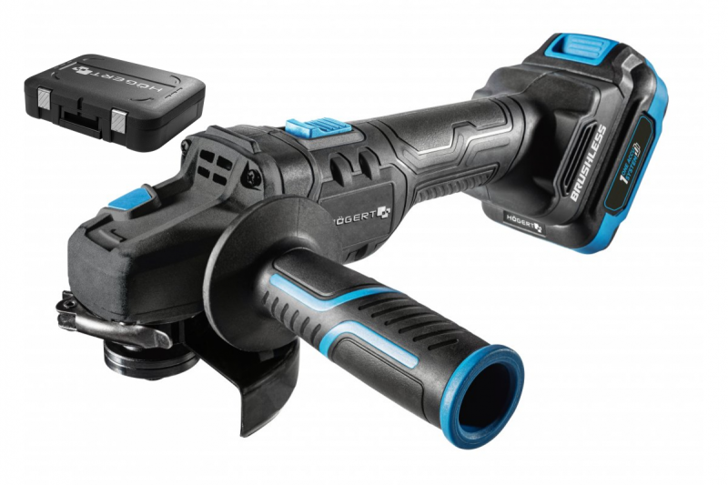 HÖGERT Esmerilhadeira angular sem fio com interruptor de alavanca, 125MM, 18V, conjunto com bateria, carregador, acessórios.