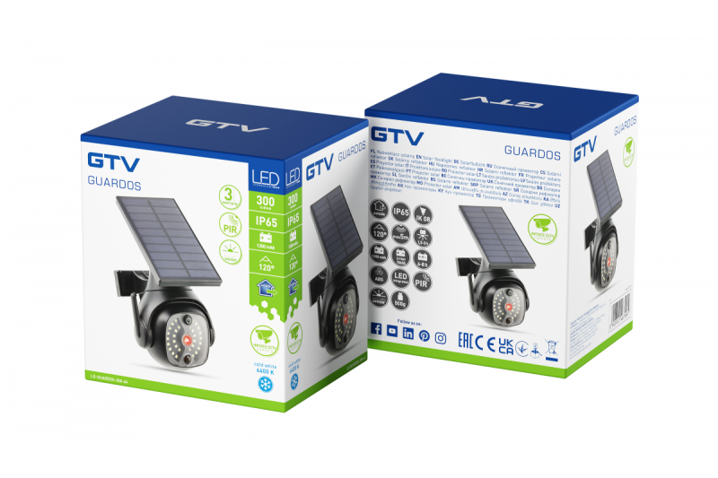 Luz solar de inundação com sensor de movimento e crepúsculo GUARDOS, LED, 300lm, 6400K, 1200mAh, IP65, câmera simulada